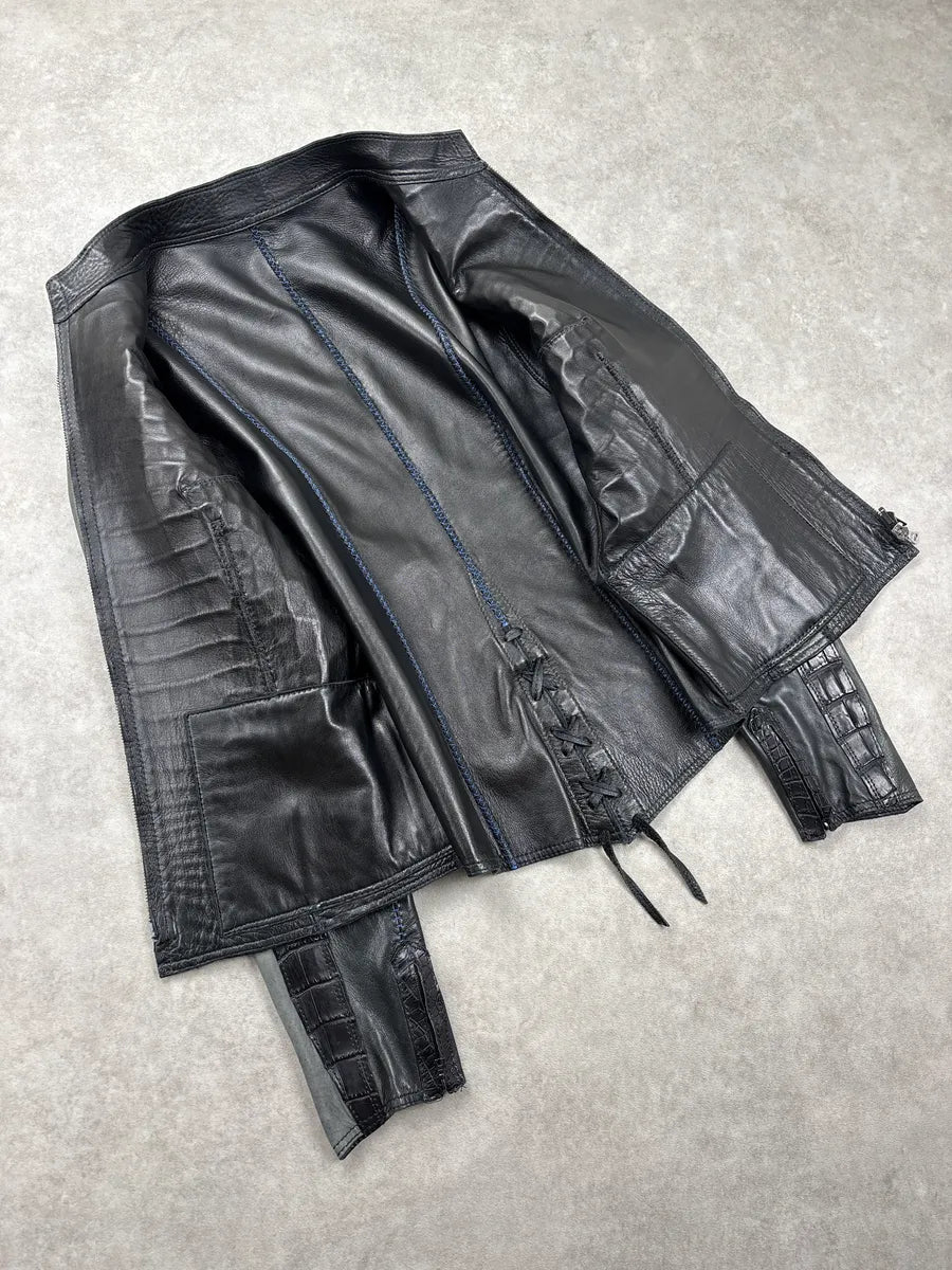 Genuine Crocodile Black Hybrid Stitched Leather Jacket RzQqJpEM 6