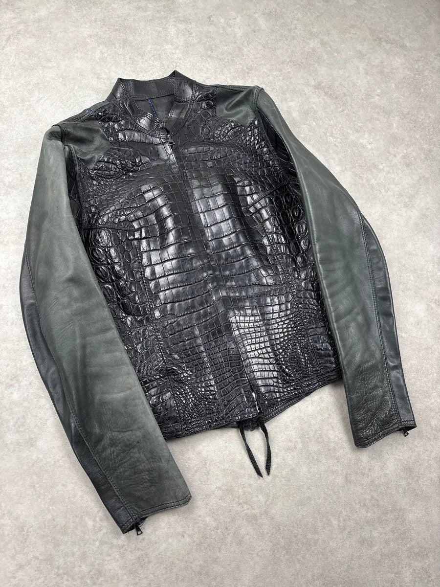 Genuine Crocodile Black Hybrid Stitched Leather Jacket RzQqJpEM 3