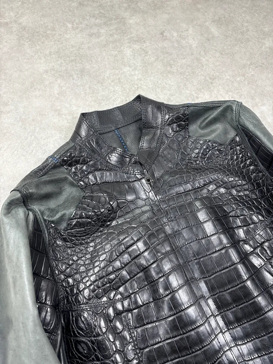 Genuine Crocodile Black Hybrid Stitched Leather Jacket RzQqJpEM 4