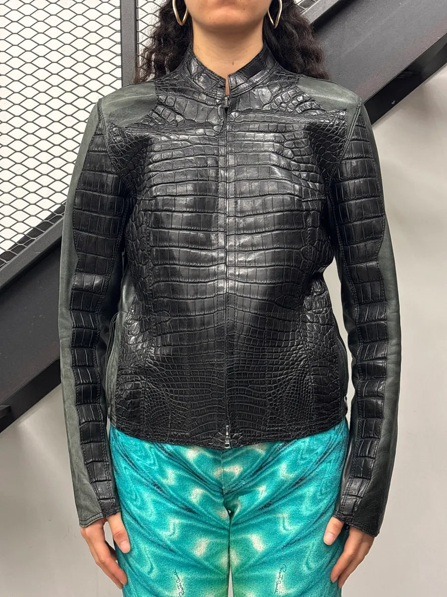 Genuine Crocodile Black Hybrid Stitched Leather Jacket RzQqJpEM 1