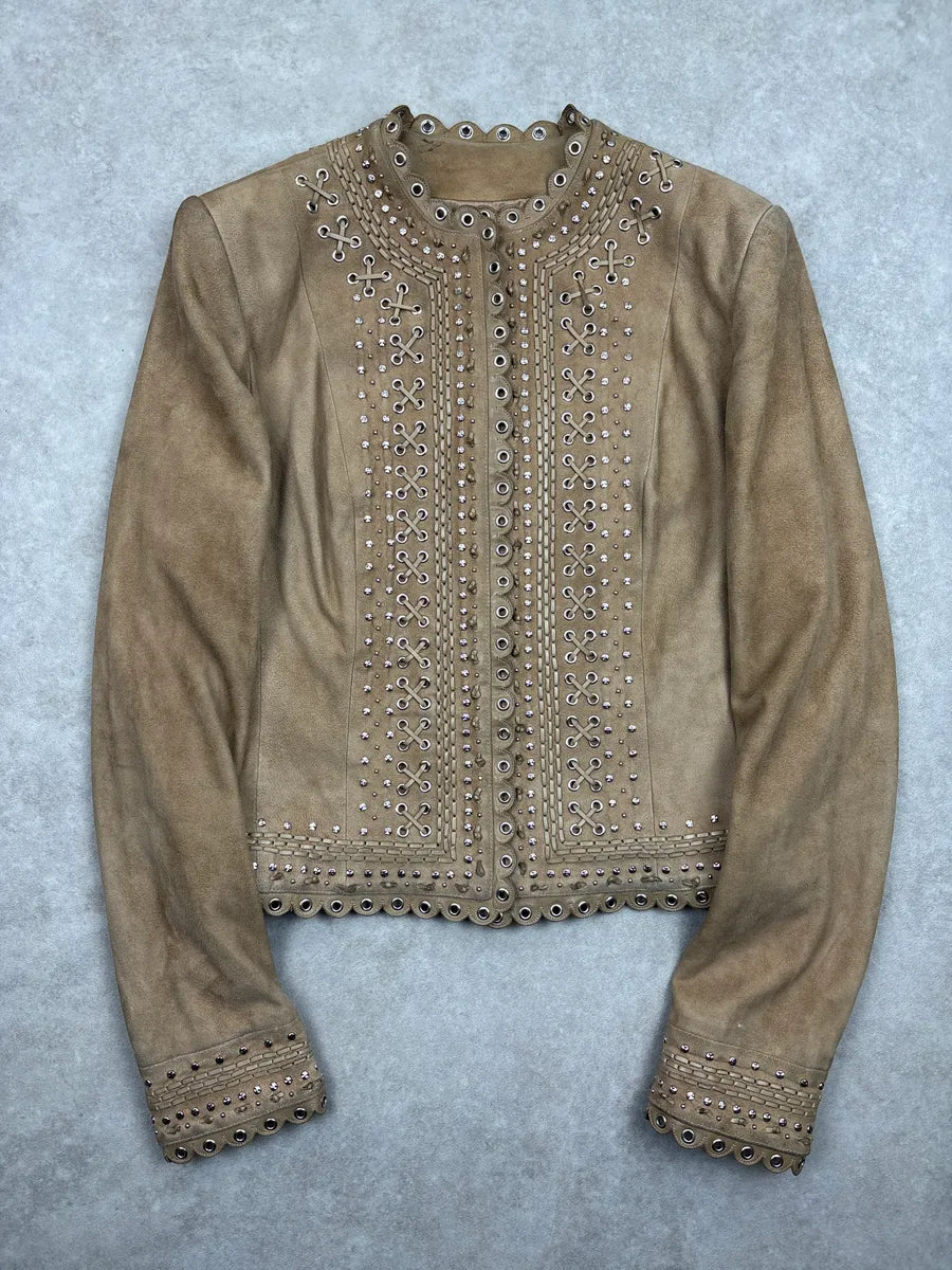 SS2005 Christian Dior Taupe Suede Studded Eyelet Light Jacket RzROLaLQ 0
