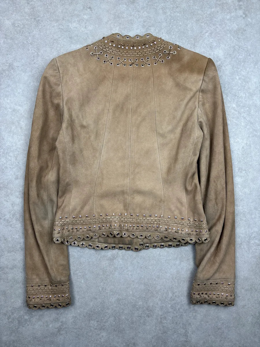 SS2005 Christian Dior Taupe Suede Studded Eyelet Light Jacket RzROLaLQ 4