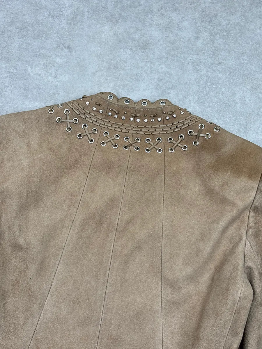 SS2005 Christian Dior Taupe Suede Studded Eyelet Light Jacket RzROLaLQ 9