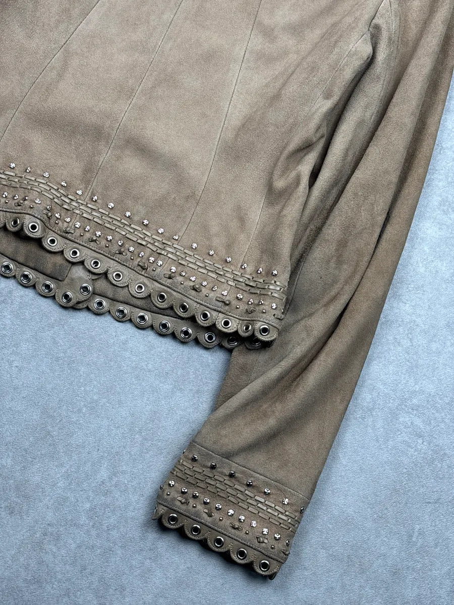 SS2005 Christian Dior Taupe Suede Studded Eyelet Light Jacket RzROLaLQ 10