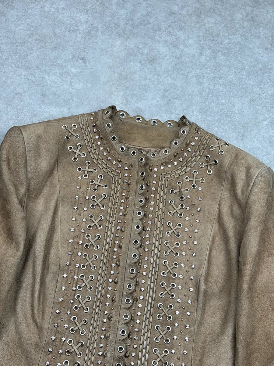 SS2005 Christian Dior Taupe Suede Studded Eyelet Light Jacket RzROLaLQ 6