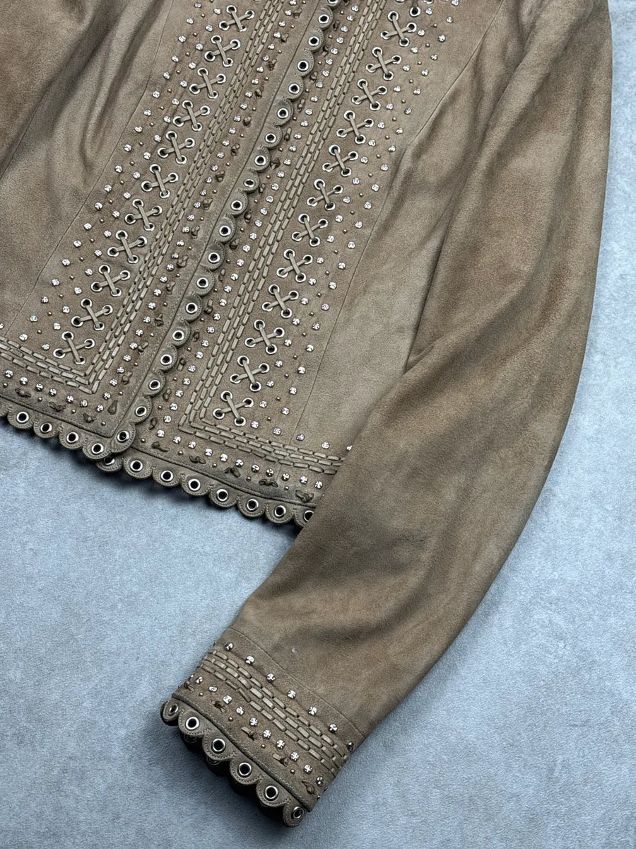 SS2005 Christian Dior Taupe Suede Studded Eyelet Light Jacket RzROLaLQ 7