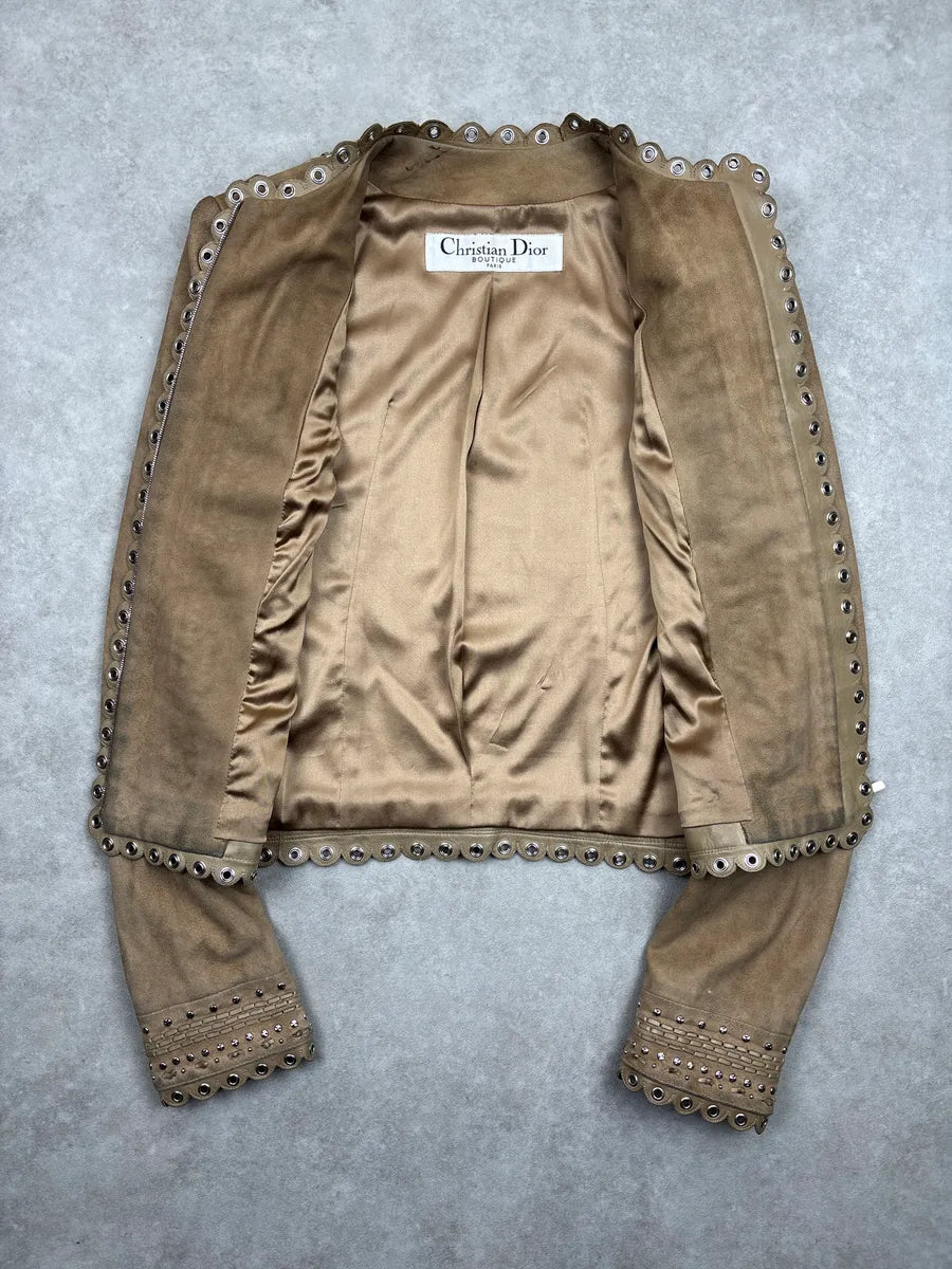 SS2005 Christian Dior Taupe Suede Studded Eyelet Light Jacket RzROLaLQ 3