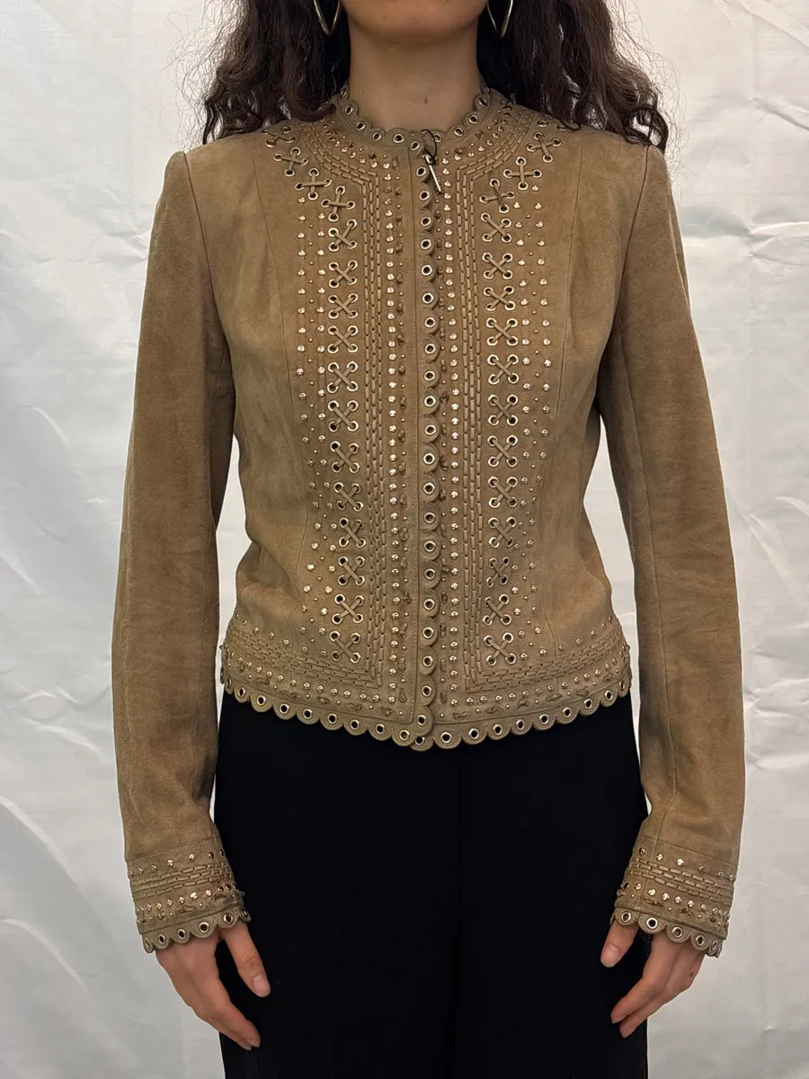 SS2005 Christian Dior Taupe Suede Studded Eyelet Light Jacket RzROLaLQ 1