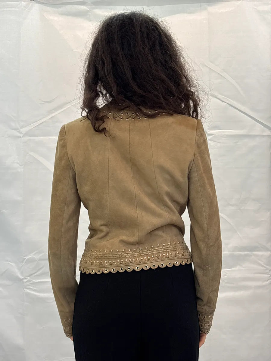 SS2005 Christian Dior Taupe Suede Studded Eyelet Light Jacket RzROLaLQ 2