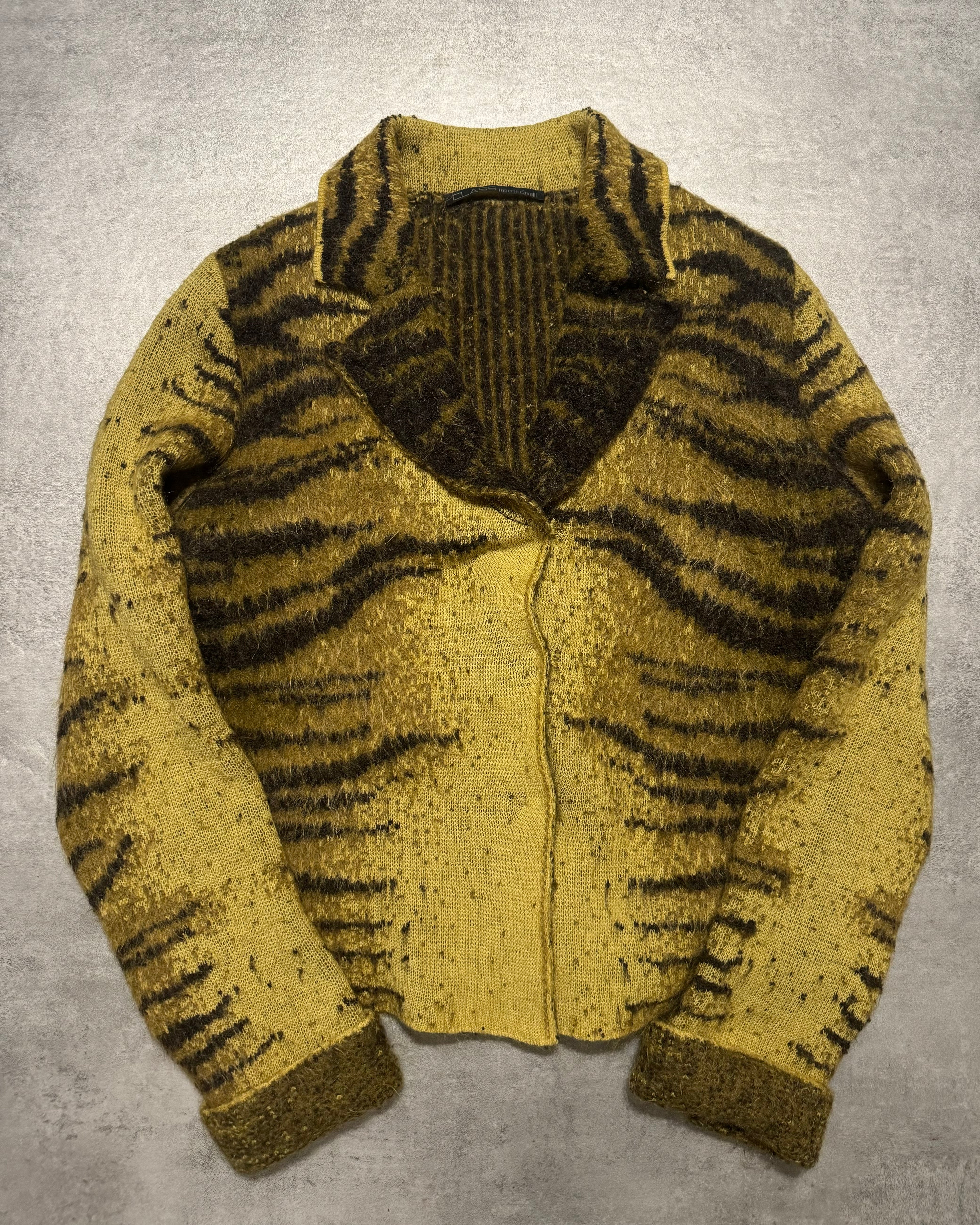 FW2002 Roberto Cavalli Tiger Zebra Yellow Faded Wool Cardigan (S/M) - 1
