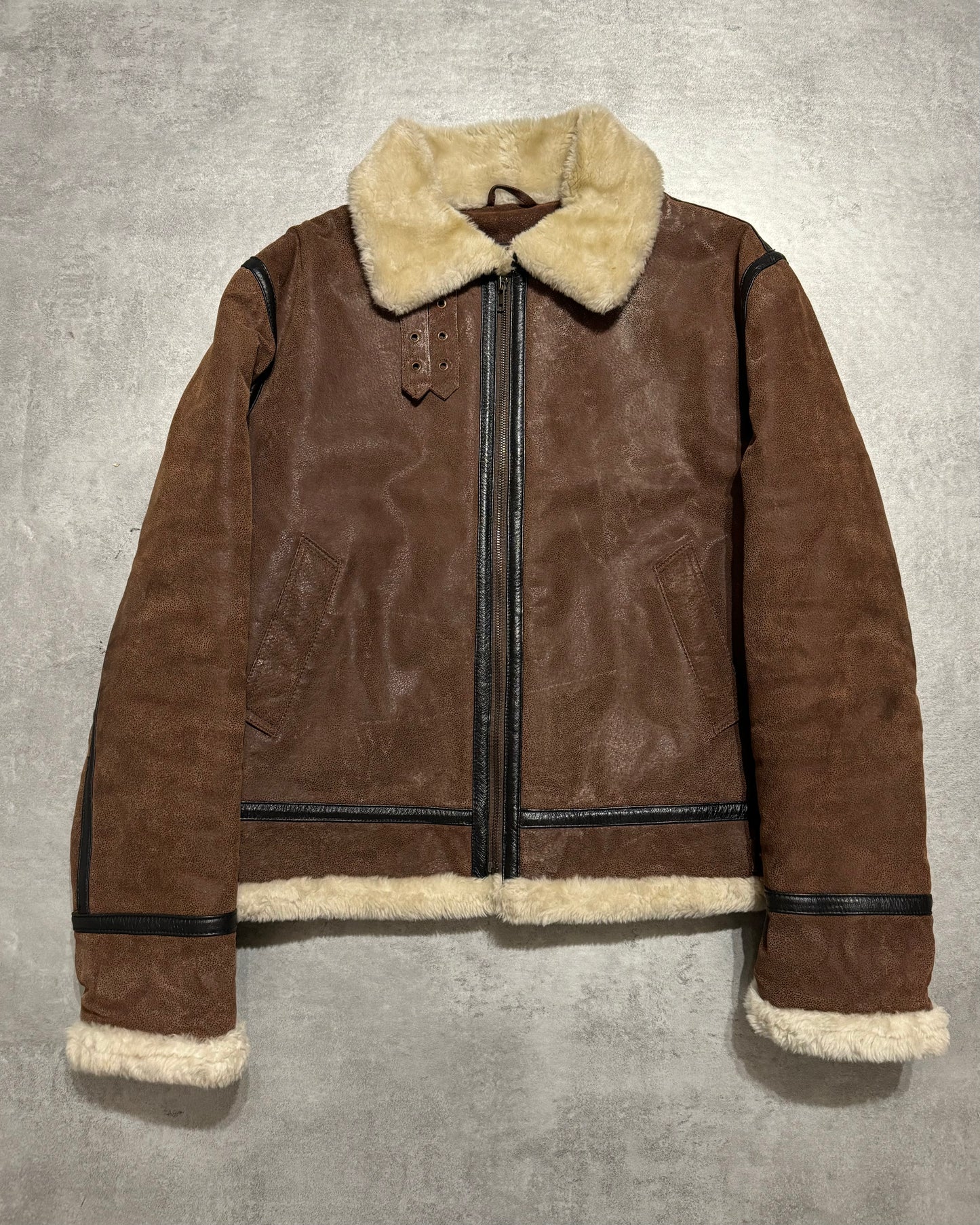 1990s Armani Brown Grained Shearling Leather Jacket (M) - 1