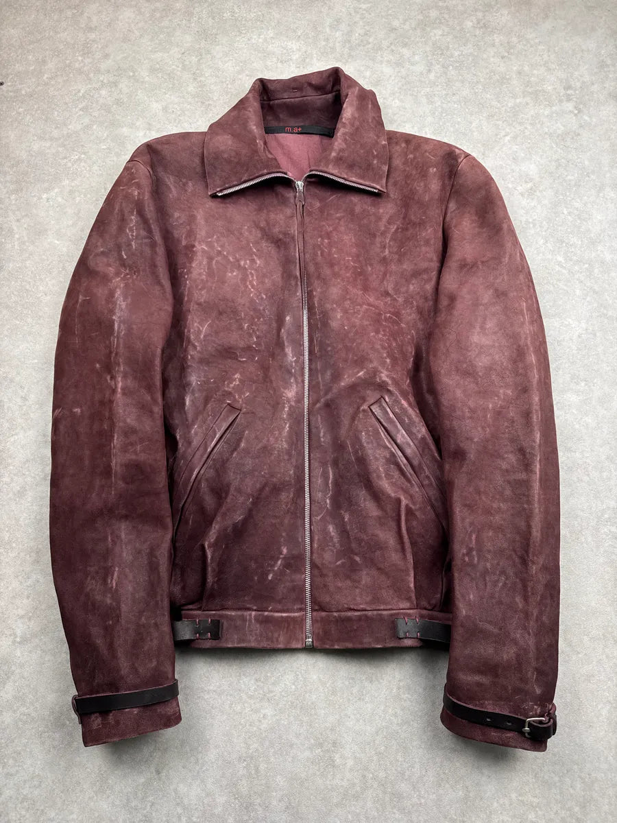 M.A+ Burgundy Leather Faded Avant-Garde Leather Jacket SEUZKOMU 0
