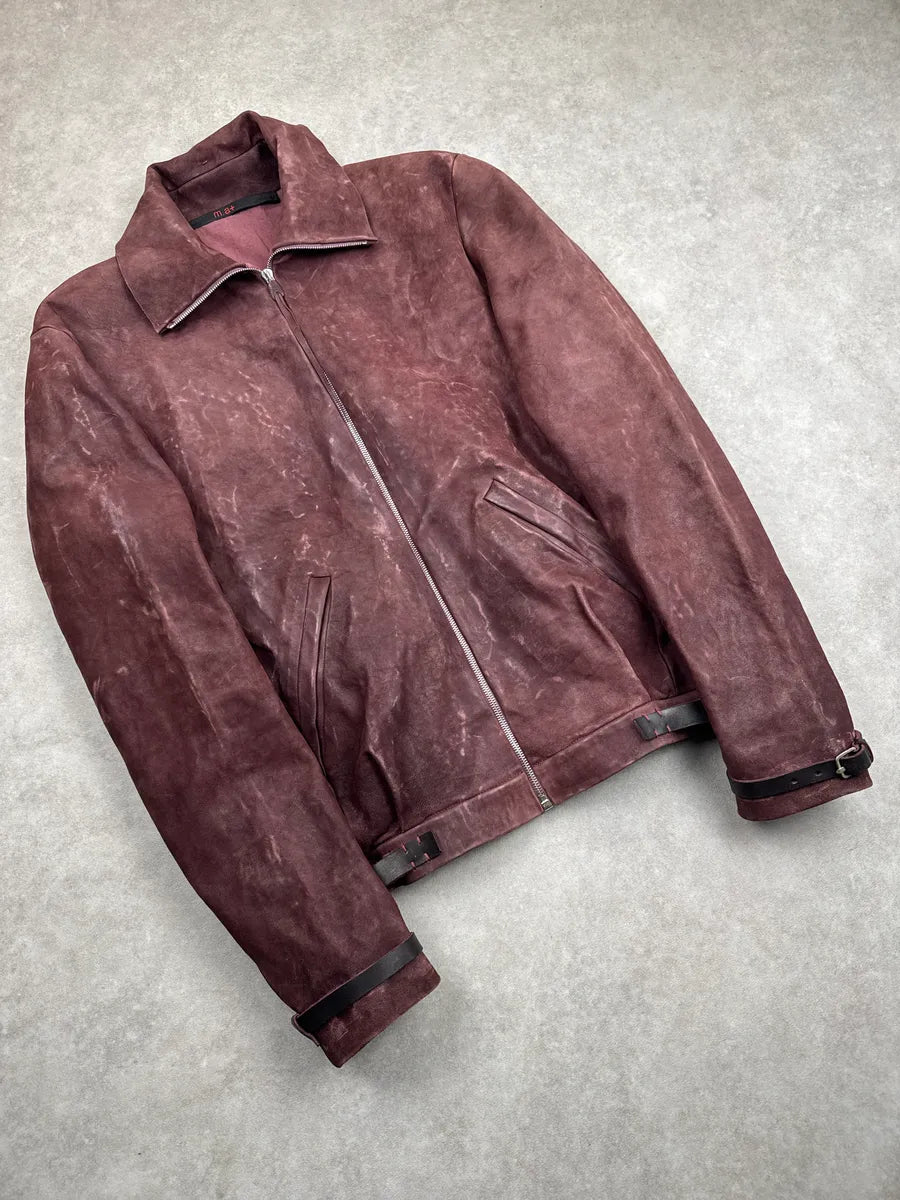 M.A+ Burgundy Leather Faded Avant-Garde Leather Jacket SEUZKOMU 5