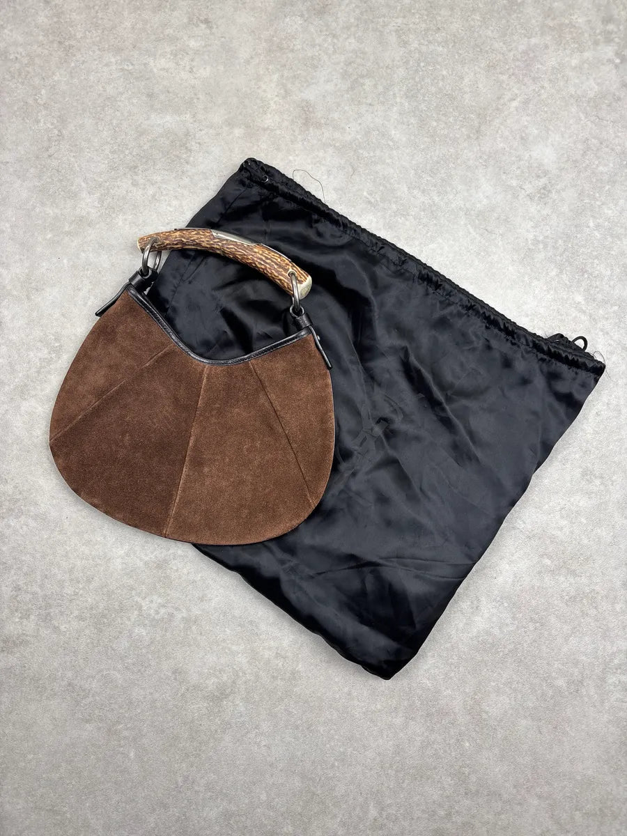 AW2002 Yves Saint Laurent Brown Suede Antler Handle Paneled Shoulder Bag SHdtkrUR 3