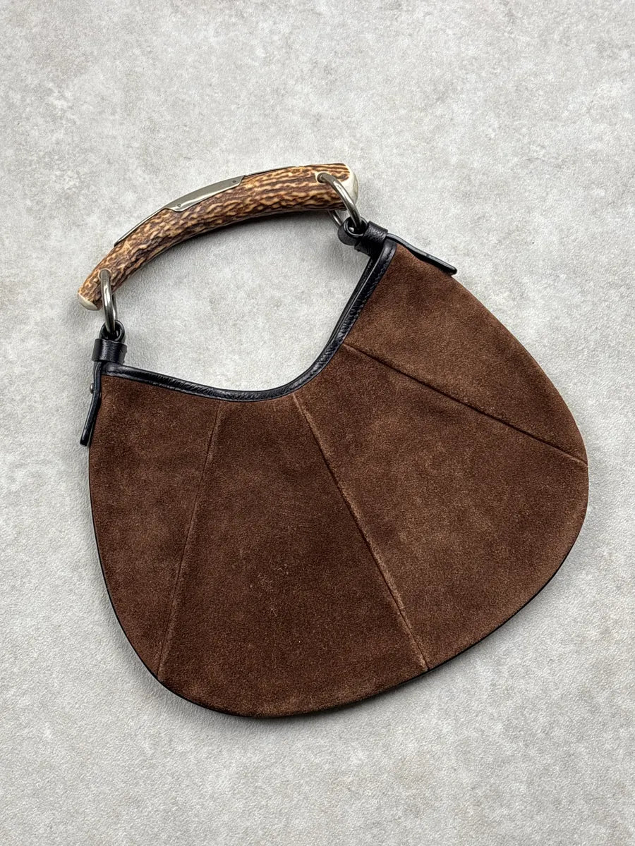 AW2002 Yves Saint Laurent Brown Suede Antler Handle Paneled Shoulder Bag SHdtkrUR 6