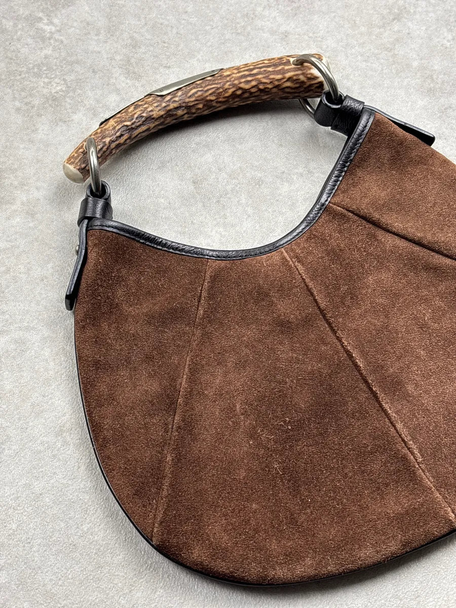AW2002 Yves Saint Laurent Brown Suede Antler Handle Paneled Shoulder Bag SHdtkrUR 12