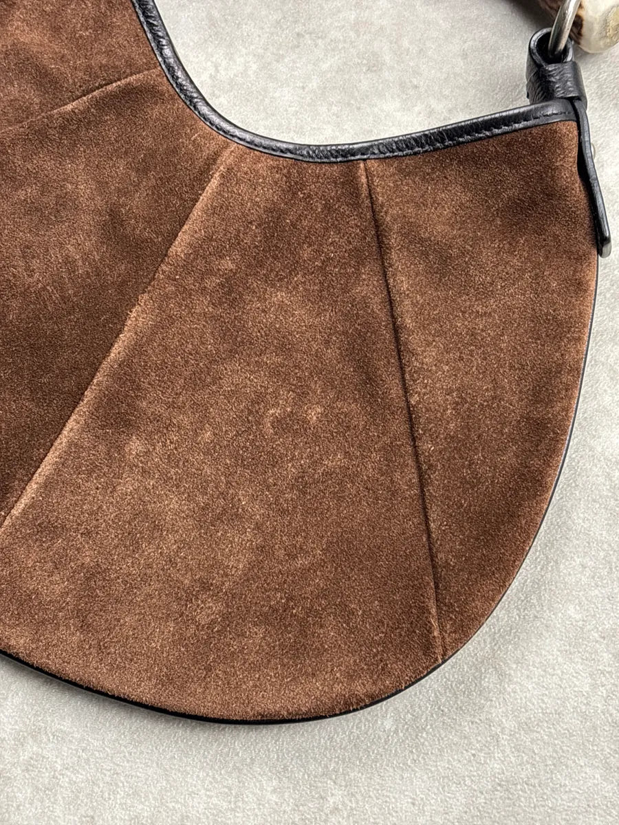 AW2002 Yves Saint Laurent Brown Suede Antler Handle Paneled Shoulder Bag SHdtkrUR 13