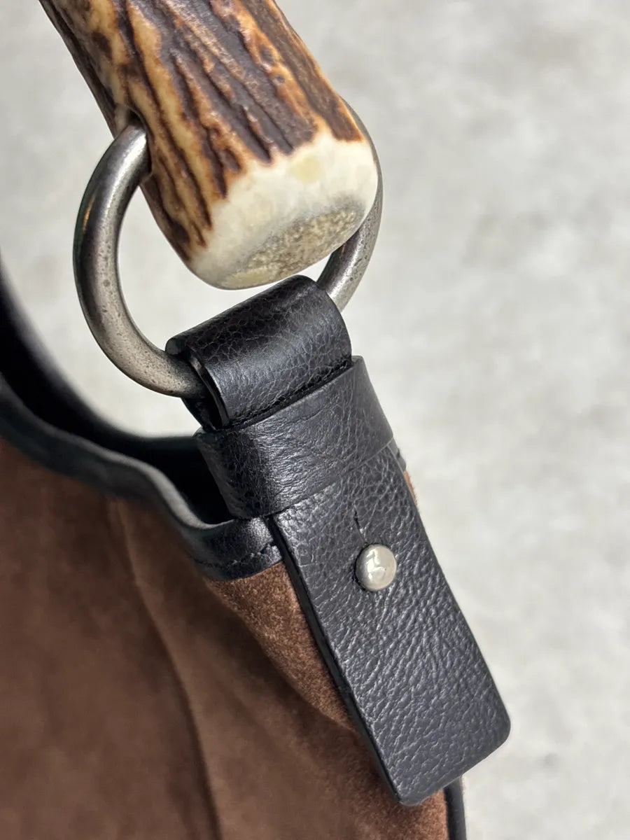 AW2002 Yves Saint Laurent Brown Suede Antler Handle Paneled Shoulder Bag SHdtkrUR 14