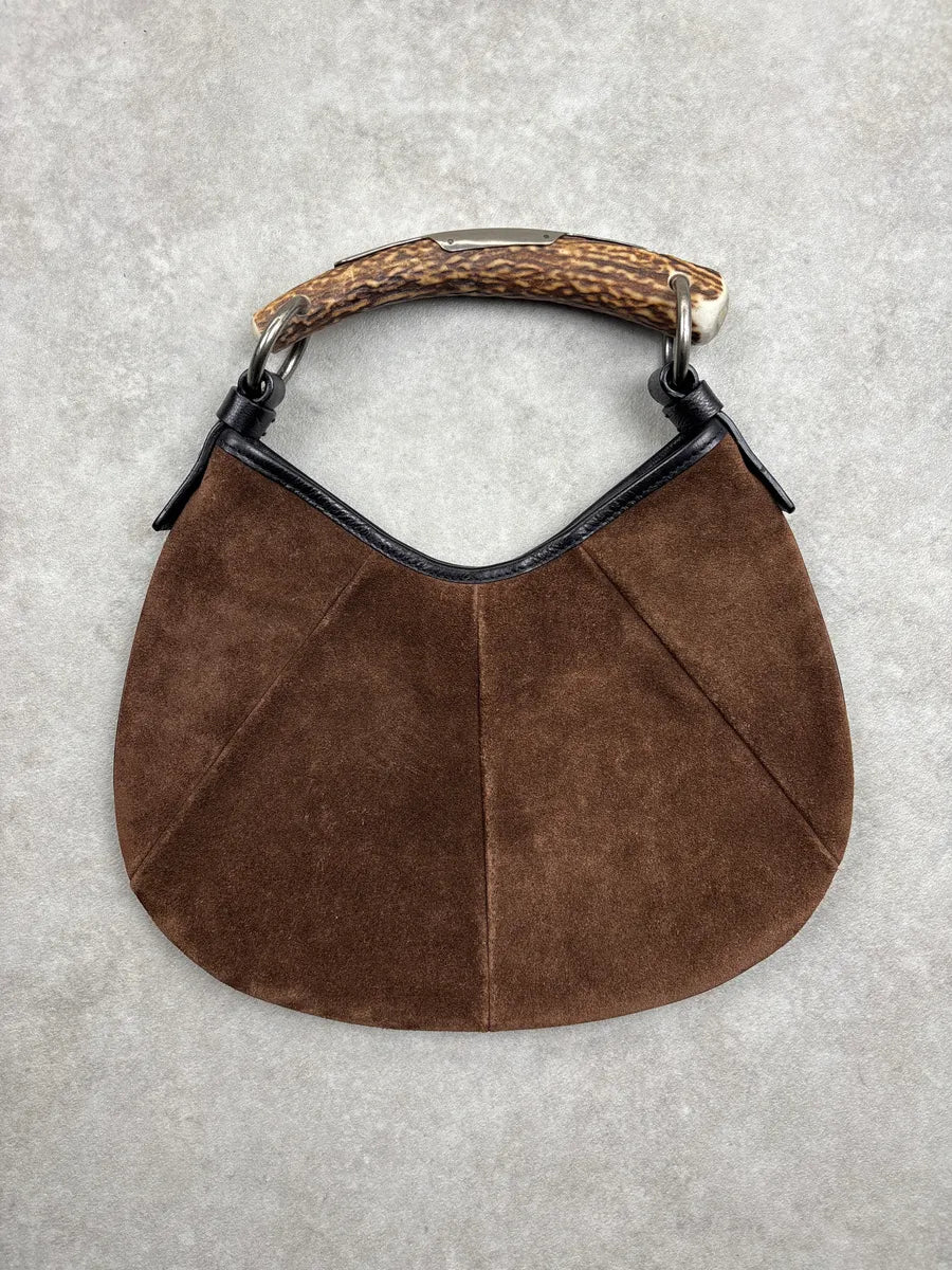 AW2002 Yves Saint Laurent Brown Suede Antler Handle Paneled Shoulder Bag SHdtkrUR 0