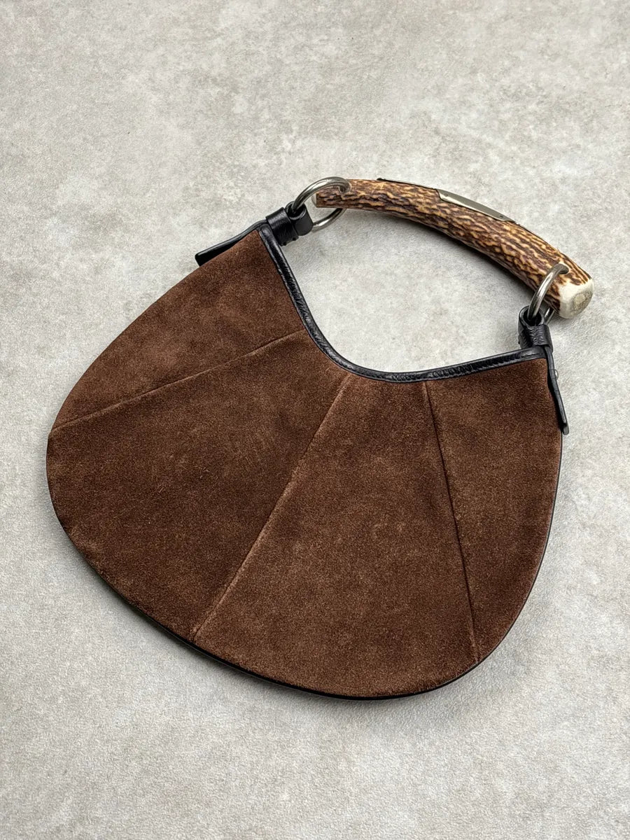 AW2002 Yves Saint Laurent Brown Suede Antler Handle Paneled Shoulder Bag SHdtkrUR 4