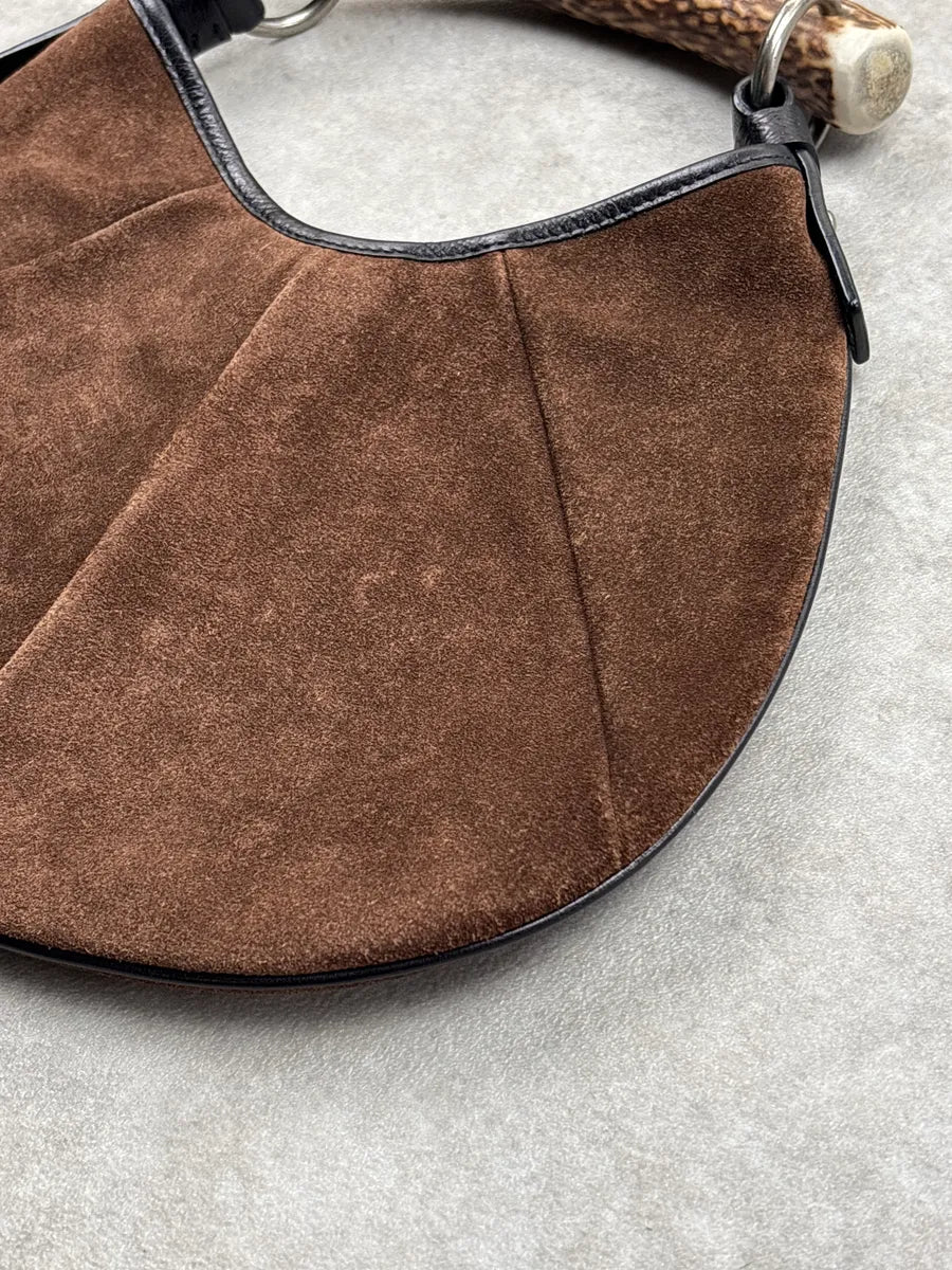 AW2002 Yves Saint Laurent Brown Suede Antler Handle Paneled Shoulder Bag SHdtkrUR 8