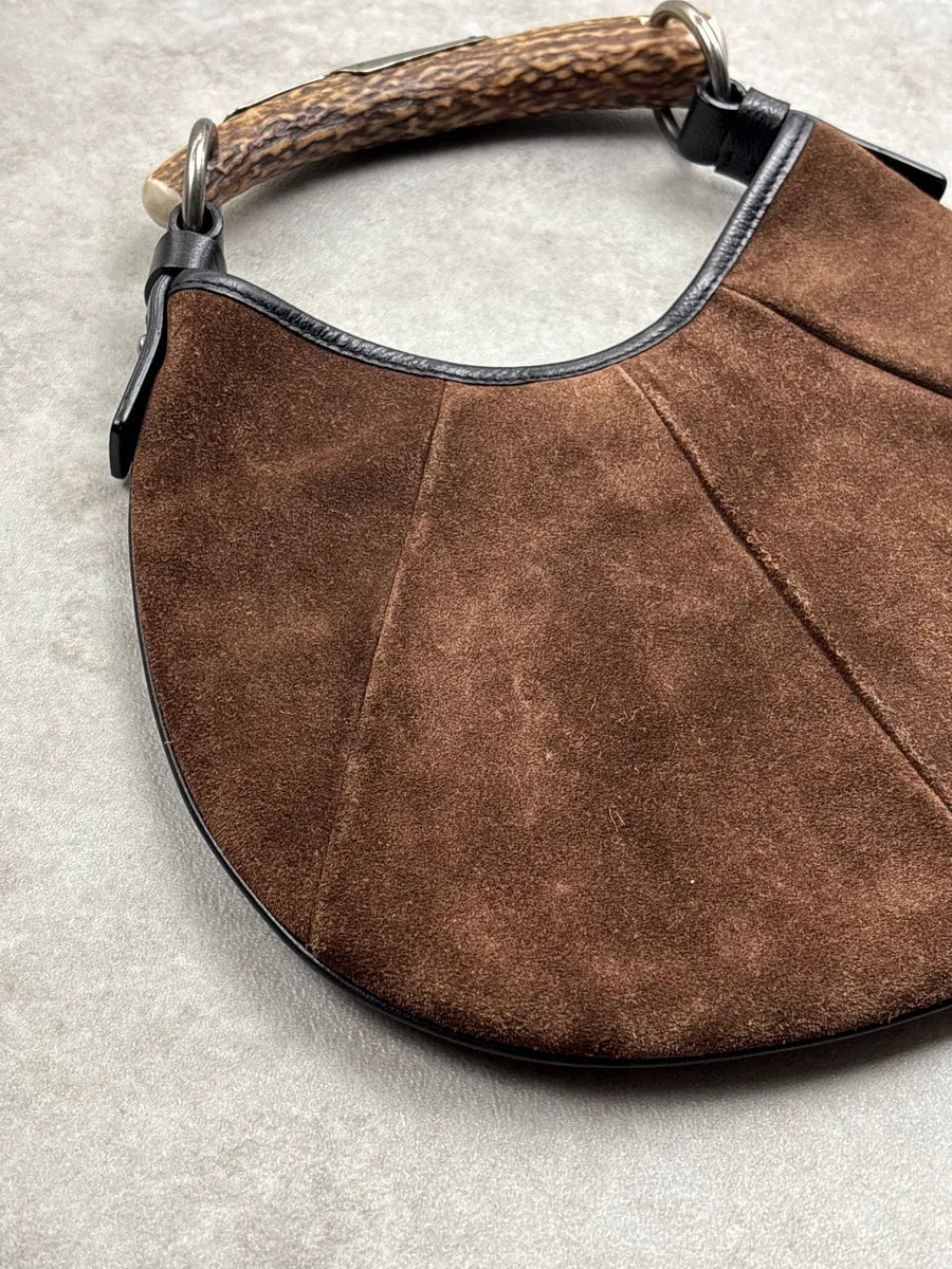 AW2002 Yves Saint Laurent Brown Suede Antler Handle Paneled Shoulder Bag SHdtkrUR 9