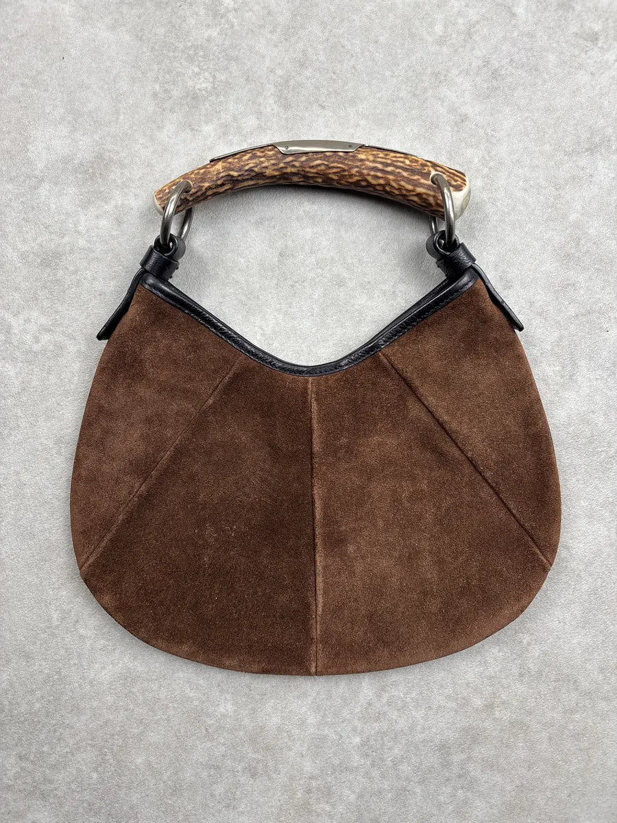 AW2002 Yves Saint Laurent Brown Suede Antler Handle Paneled Shoulder Bag SHdtkrUR 5