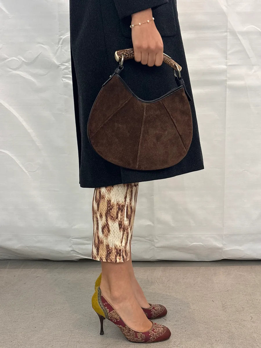 AW2002 Yves Saint Laurent Brown Suede Antler Handle Paneled Shoulder Bag SHdtkrUR 1
