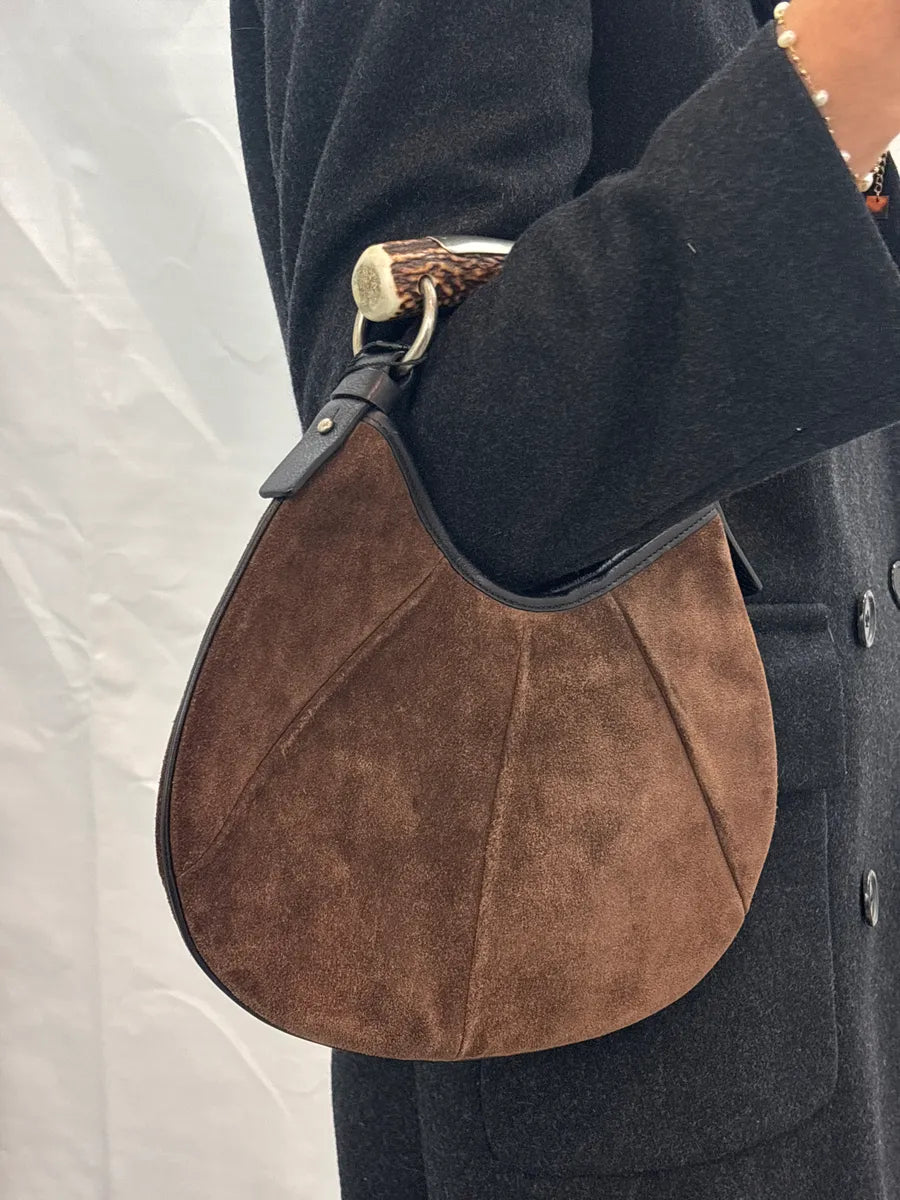 AW2002 Yves Saint Laurent Brown Suede Antler Handle Paneled Shoulder Bag SHdtkrUR 2