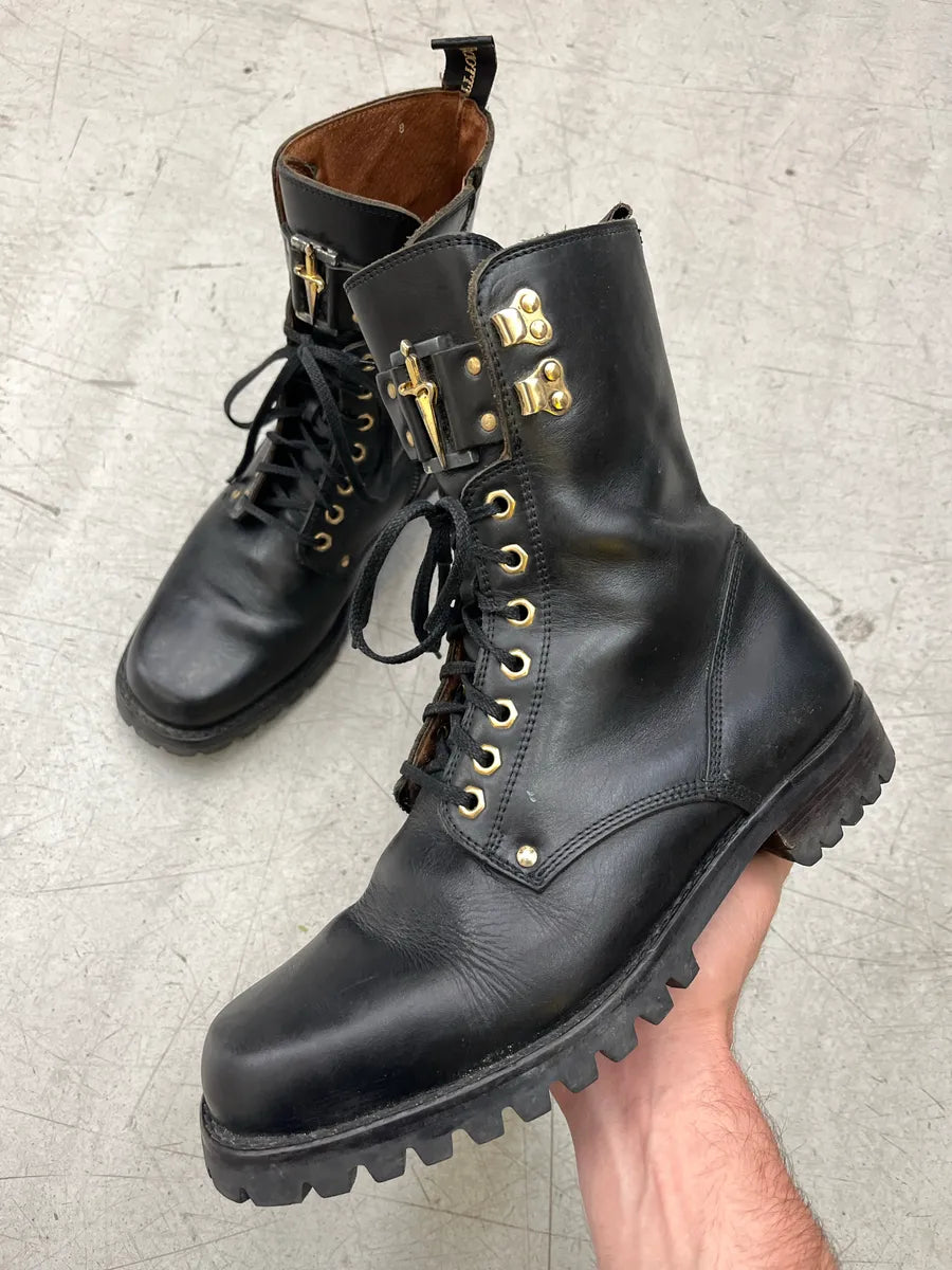 1990s Cesare Paciotti Gold Dagger Black Leather Boots STNVlJyp 0