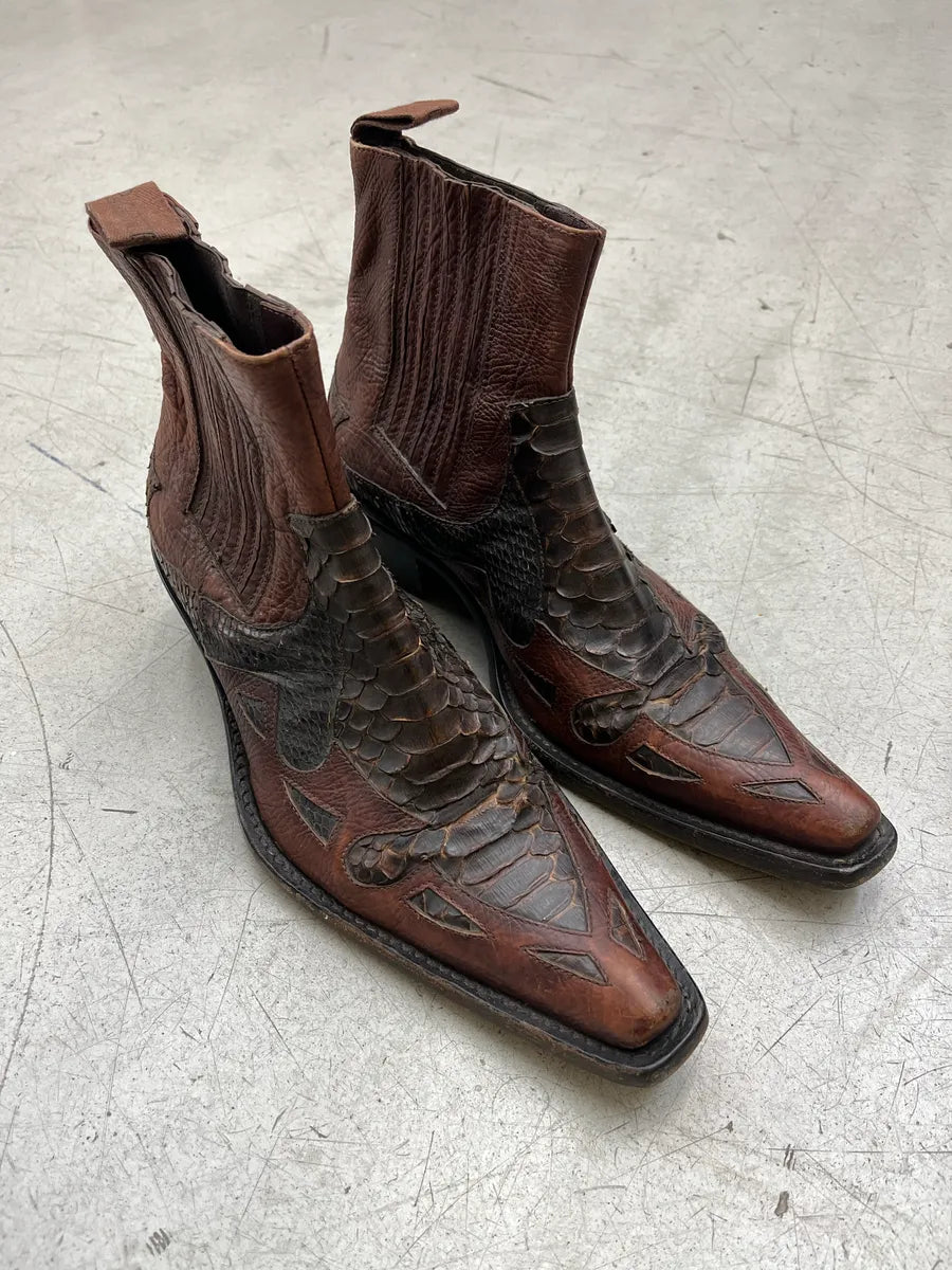 2000s Cesare Paciotti Python Western Cowboy Brown Leather Boots ShDwchuN 1