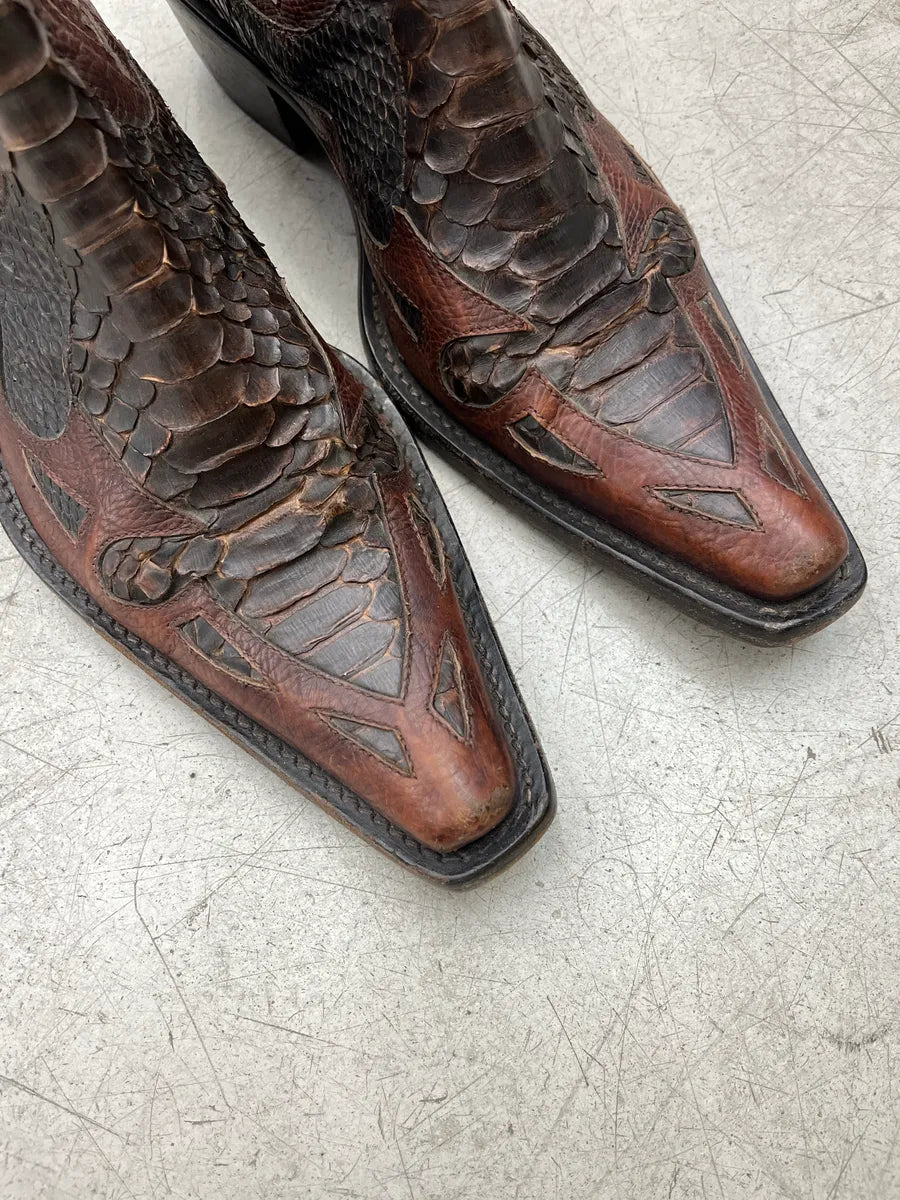 2000s Cesare Paciotti Python Western Cowboy Brown Leather Boots ShDwchuN 7