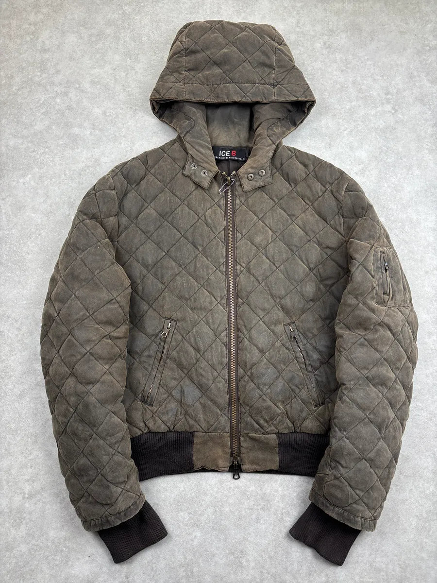 2000s ICE B Taupe Brown Quilted Hooded Bomber Jacket SkkvPwZQ 0