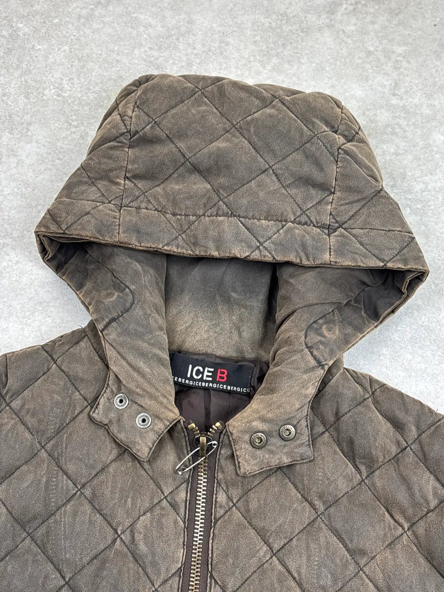 2000s ICE B Taupe Brown Quilted Hooded Bomber Jacket SkkvPwZQ 5