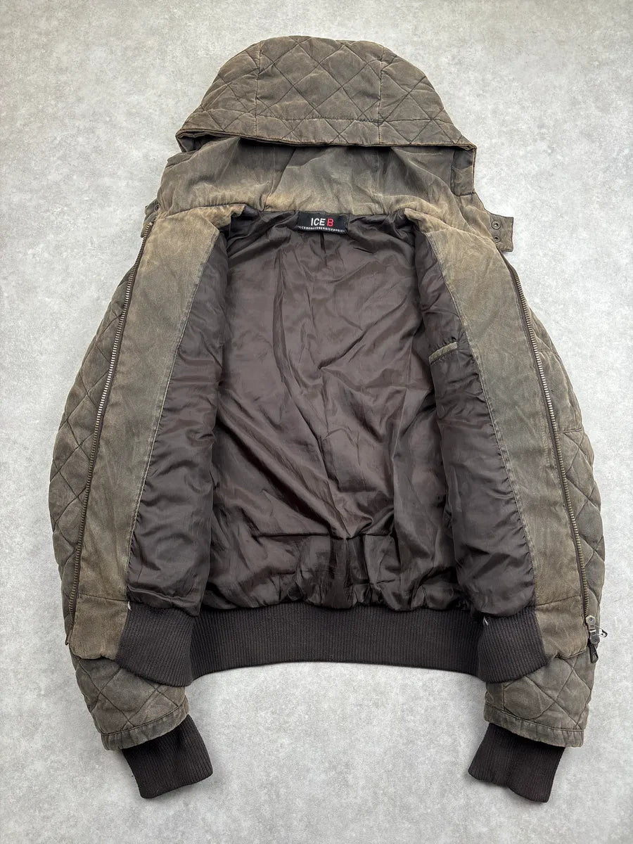 2000s ICE B Taupe Brown Quilted Hooded Bomber Jacket SkkvPwZQ 3
