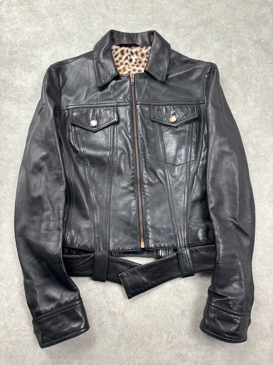 2000s Roberto Cavalli Black Leopard Lining Biker Leather Jacket SvgvHkbQ 0