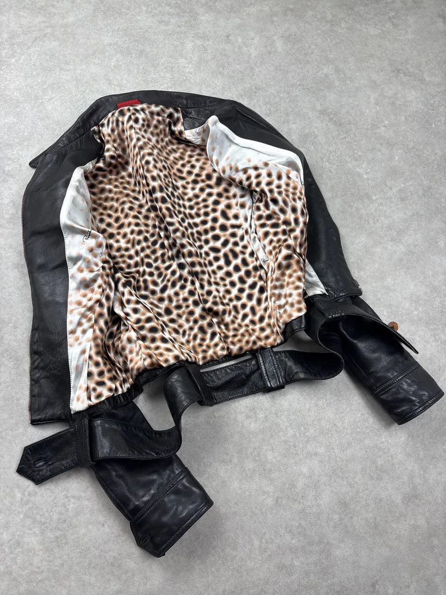 2000s Roberto Cavalli Black Leopard Lining Biker Leather Jacket SvgvHkbQ 6