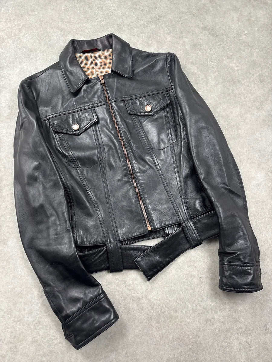 2000s Roberto Cavalli Black Leopard Lining Biker Leather Jacket SvgvHkbQ 3