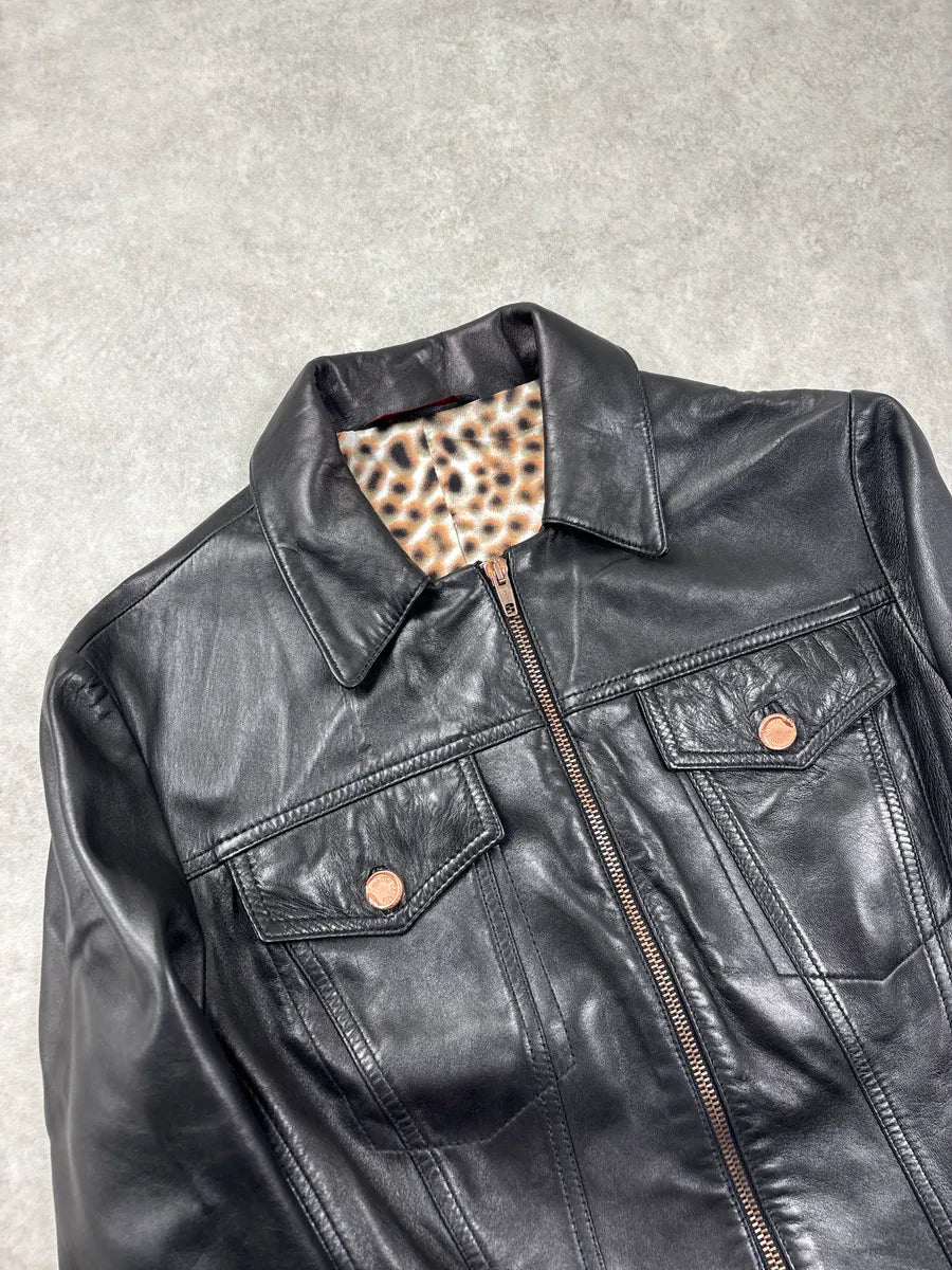 2000s Roberto Cavalli Black Leopard Lining Biker Leather Jacket SvgvHkbQ 4