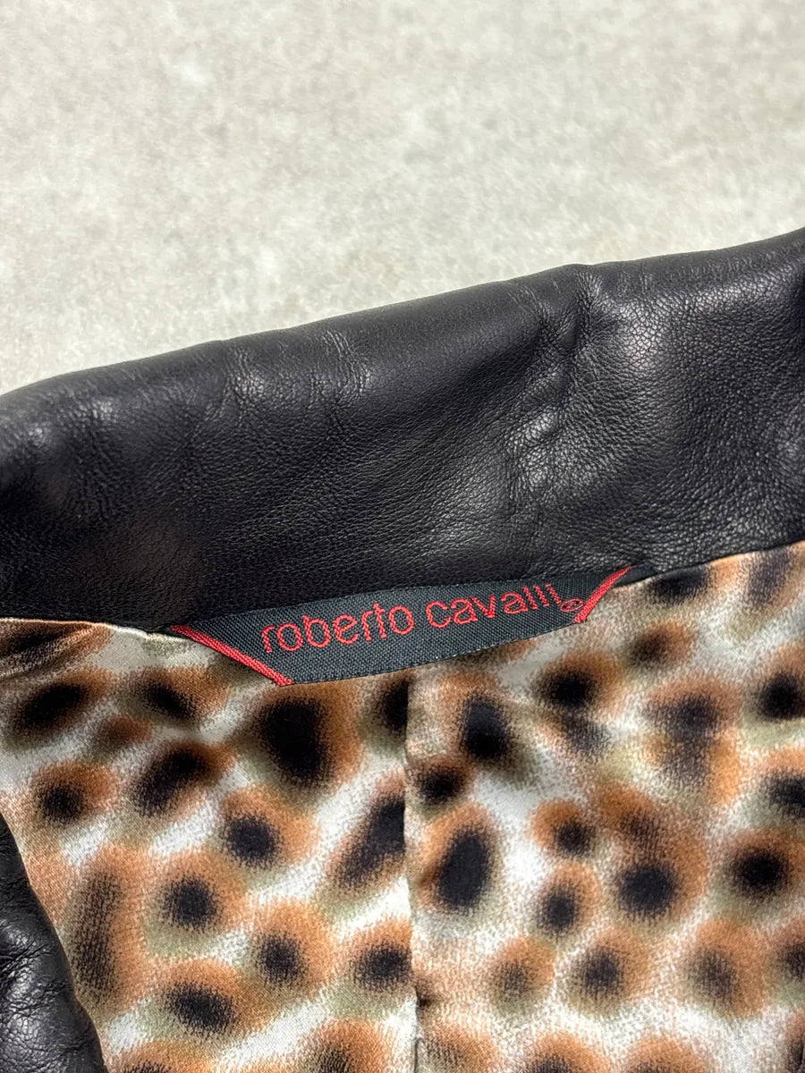 2000s Roberto Cavalli Black Leopard Lining Biker Leather Jacket SvgvHkbQ 12