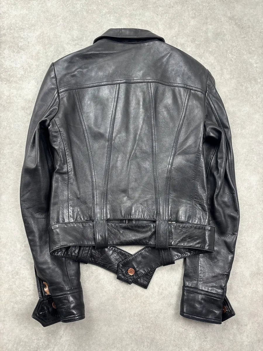 2000s Roberto Cavalli Black Leopard Lining Biker Leather Jacket SvgvHkbQ 5