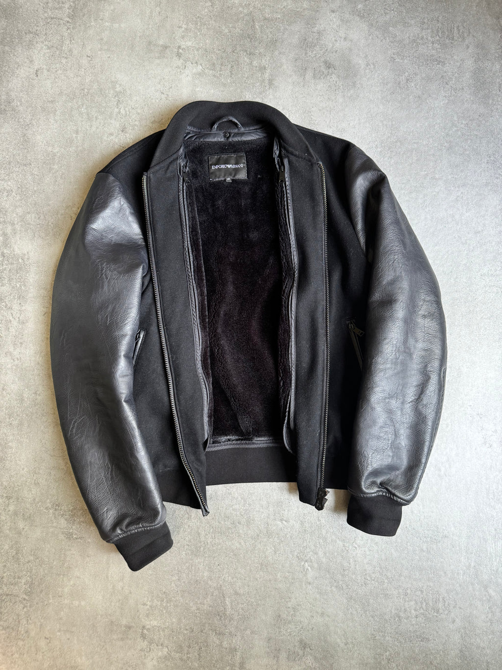 AW2018 Emporio Armani Black Leather Sleeves Bomber Jacket (M) - 4