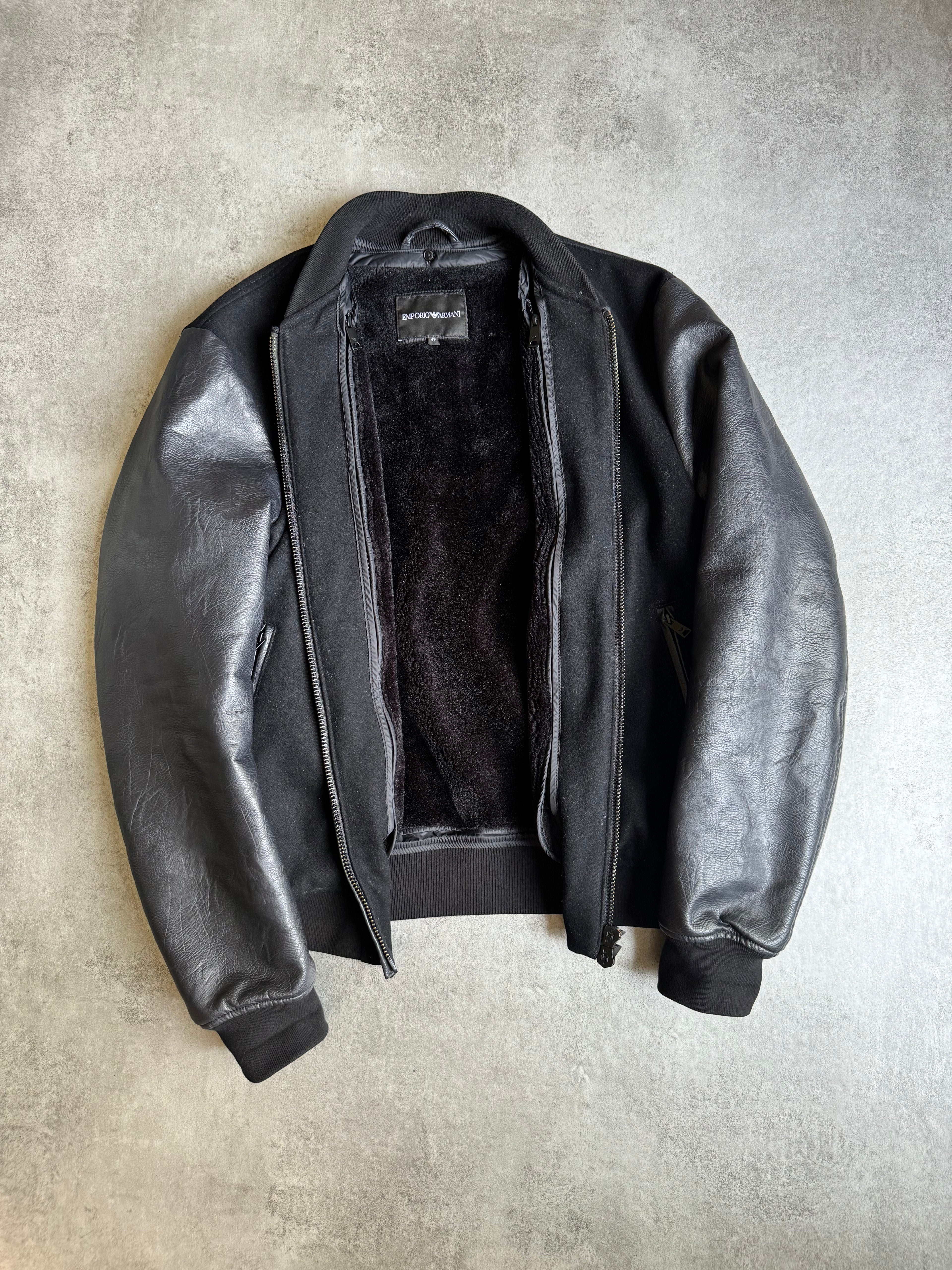 AW2018 Emporio Armani Black Leather Sleeves Bomber Jacket (M) - 4