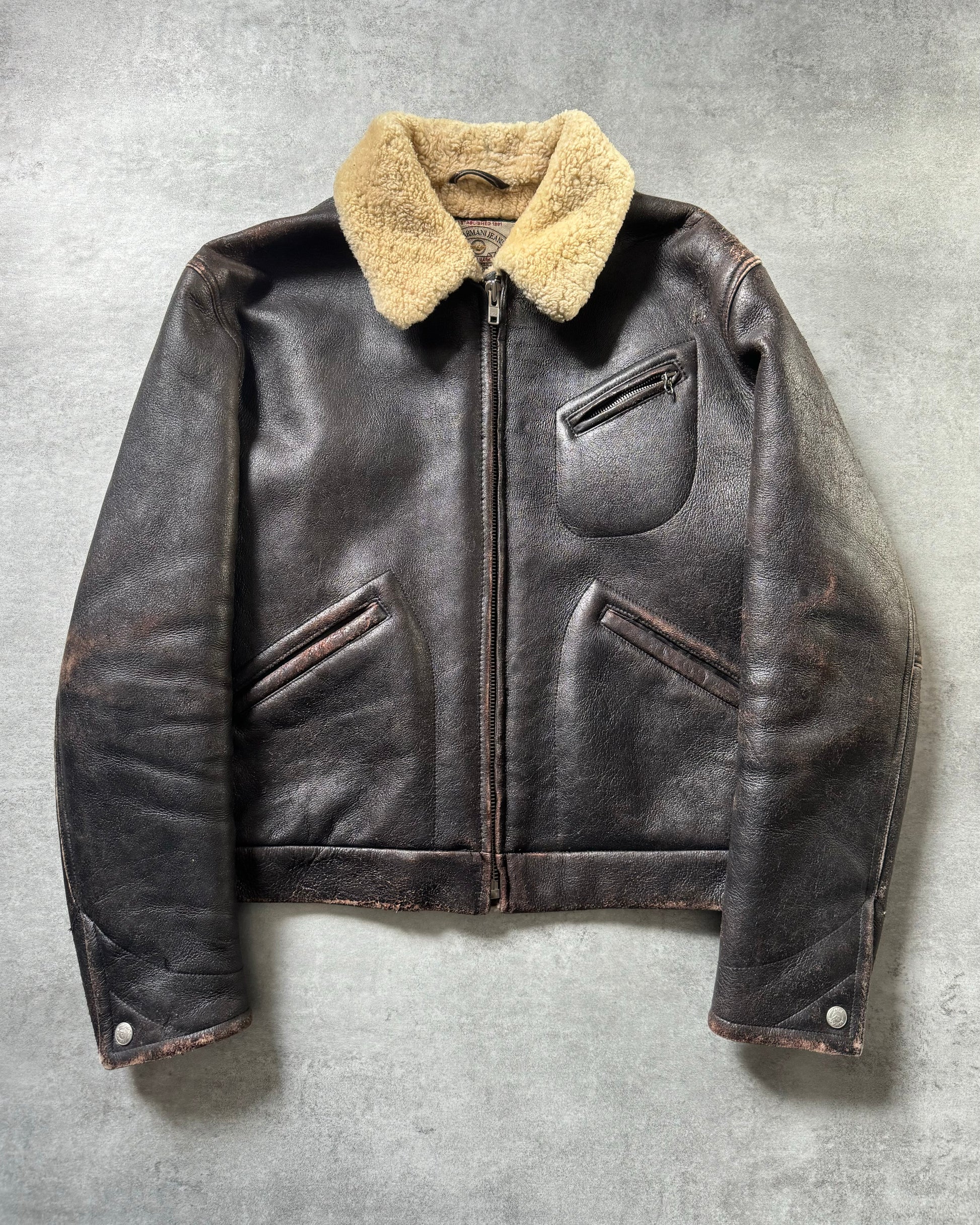 1980s Giorgio Armani Premium Shearling Biker Leather Jacket M Dolce Vita Hub