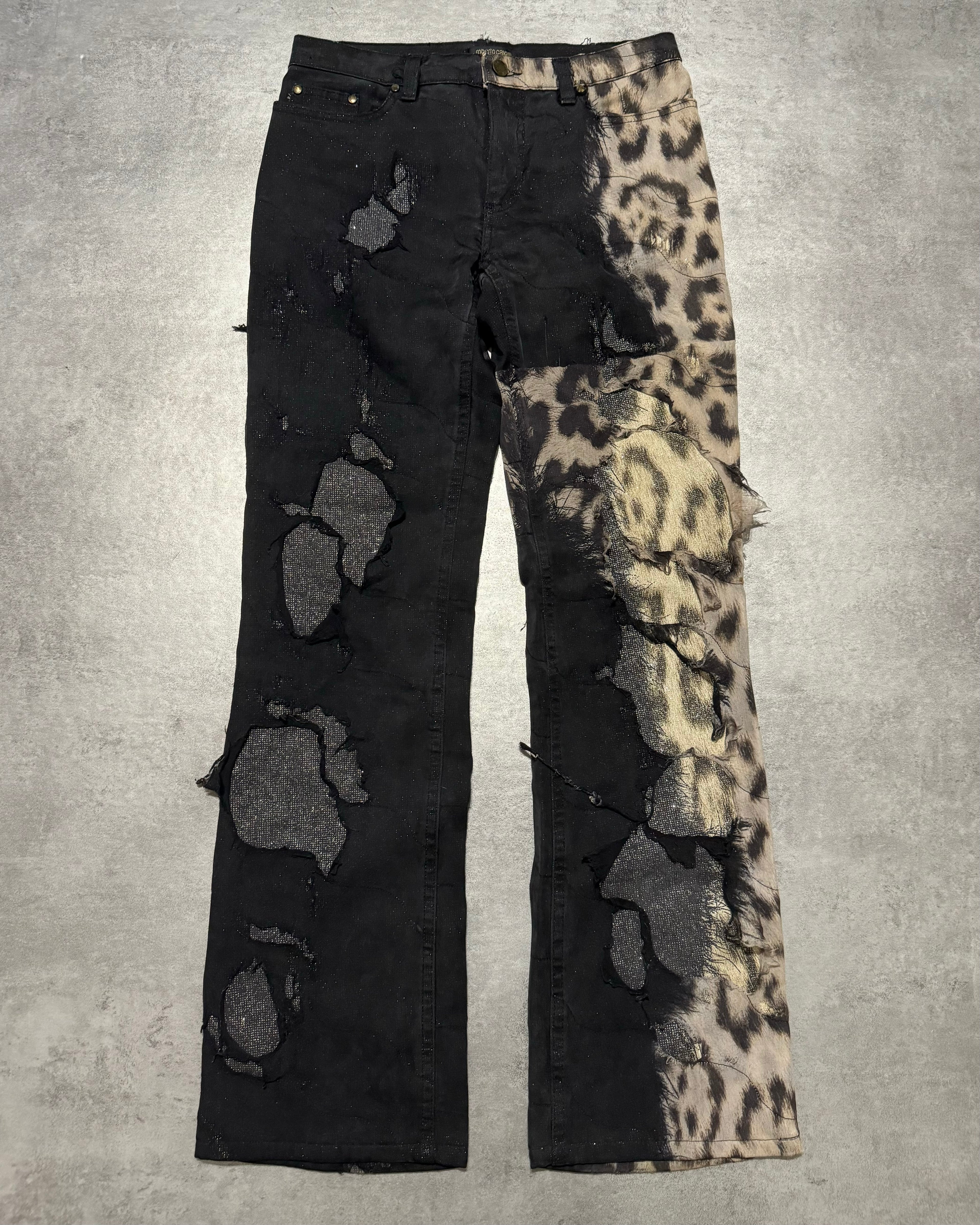 2000s Roberto Cavalli Deconstructed Leopard Magma Black Exploration Pants (S) - 1