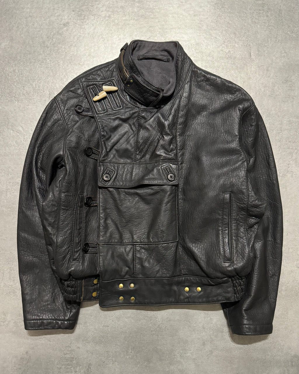 1990s Mac Douglas Black Asymmetrical Combat Leather Bomber Jacket (M/L) - 1