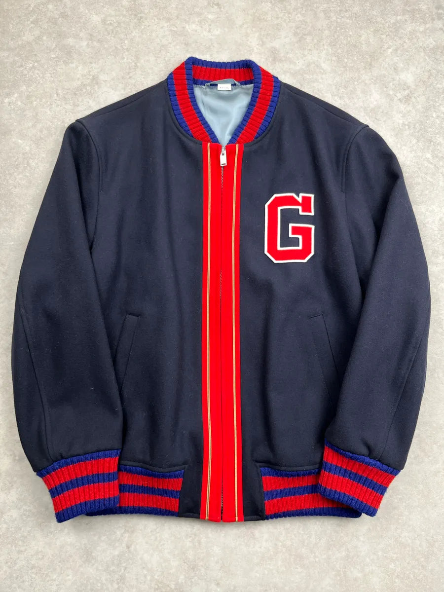 AW2017 Gucci Navy Wool Red Varsity G Patch Zip-Up Bomber Jacket TPkkvnzA 0