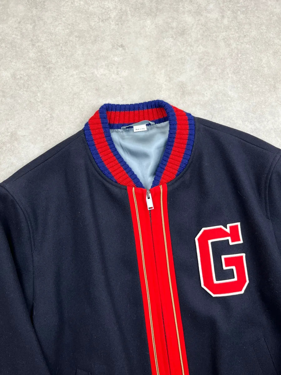 AW2017 Gucci Navy Wool Red Varsity G Patch Zip-Up Bomber Jacket TPkkvnzA 5