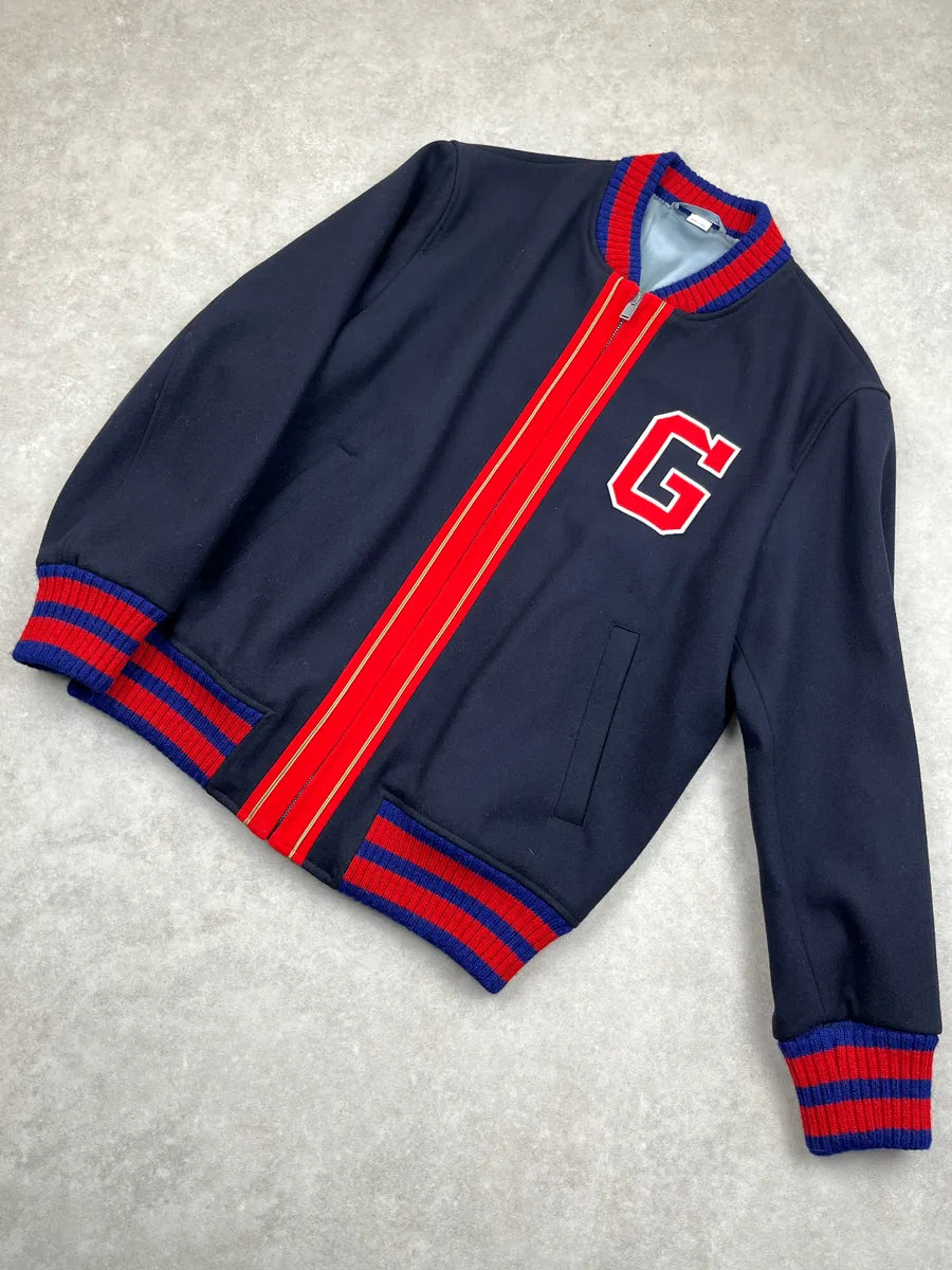 AW2017 Gucci Navy Wool Red Varsity G Patch Zip-Up Bomber Jacket TPkkvnzA 7