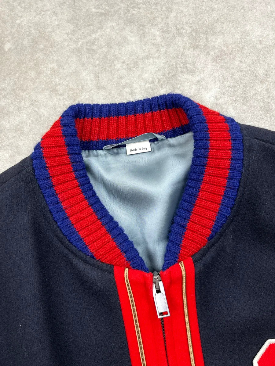 AW2017 Gucci Navy Wool Red Varsity G Patch Zip-Up Bomber Jacket TPkkvnzA 10